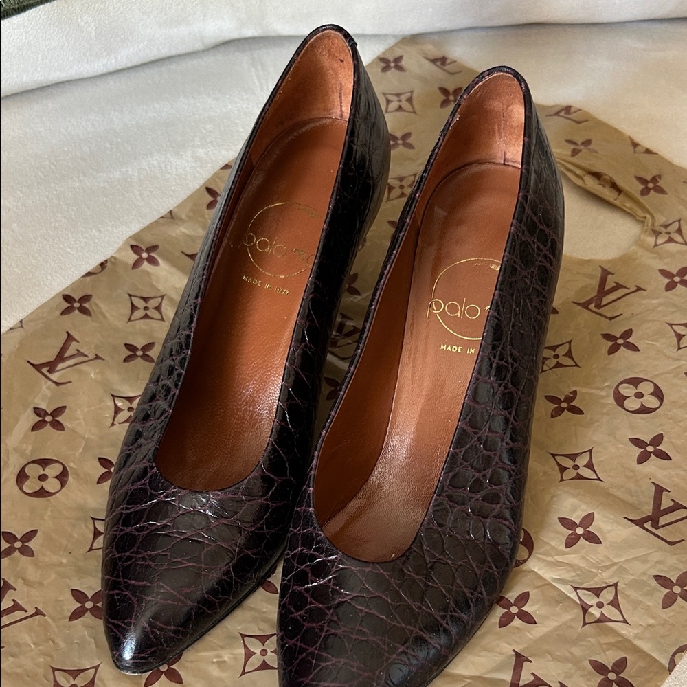 PALOMA Dark Brown Leather Croc-Embossed Heels